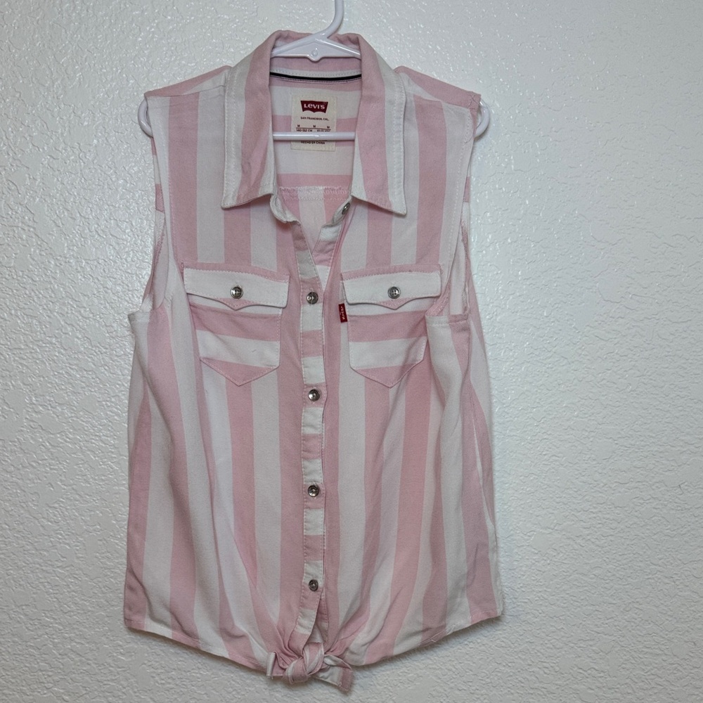Levi's Pink & White Striped Sleeveless Button-Front Shirt with Tie Hem